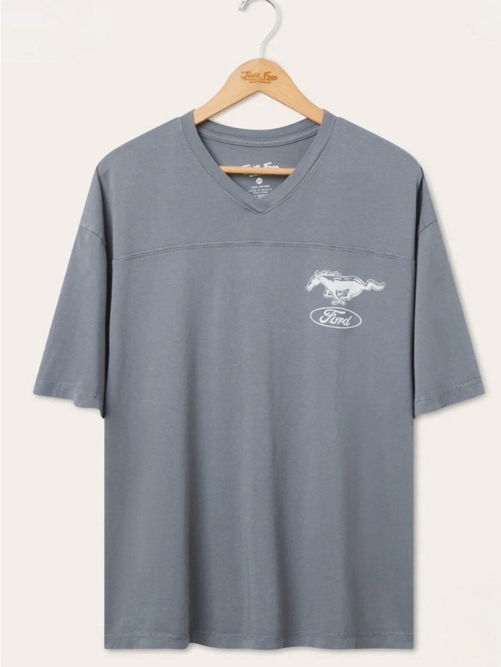 Ford Men's Gray V-Neck Tee with White Mustang Emblem
